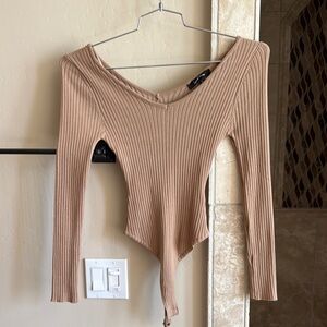 Tan Ribbed Long Sleeve Women's Top
